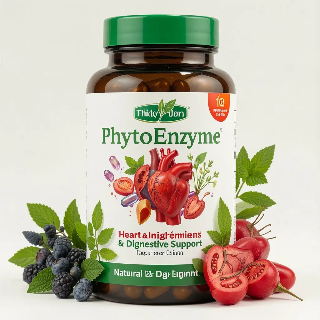 PhytoEnzyme dietary supplement bottle with natural ingredients for heart and digestive support